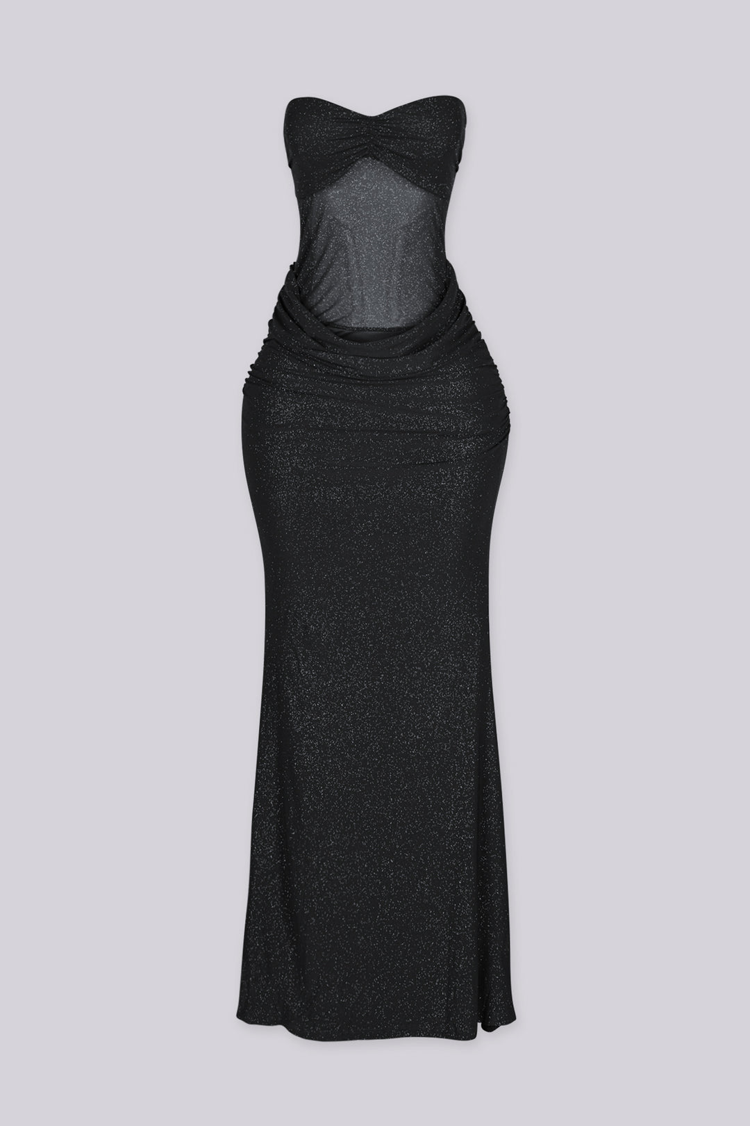Fitted tube top maxi dress with ruched sweetheart neckline featuring shimmer glitter throughout