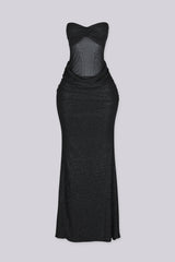 Fitted tube top maxi dress with ruched sweetheart neckline featuring shimmer glitter throughout