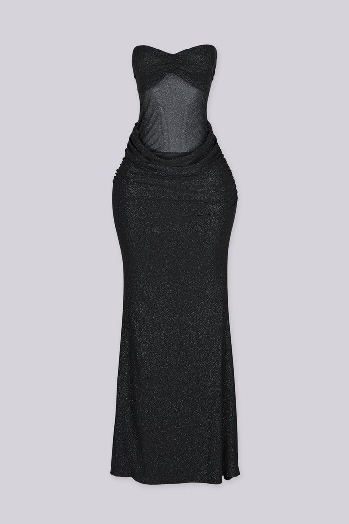 Fitted tube top maxi dress with ruched sweetheart neckline featuring shimmer glitter throughout