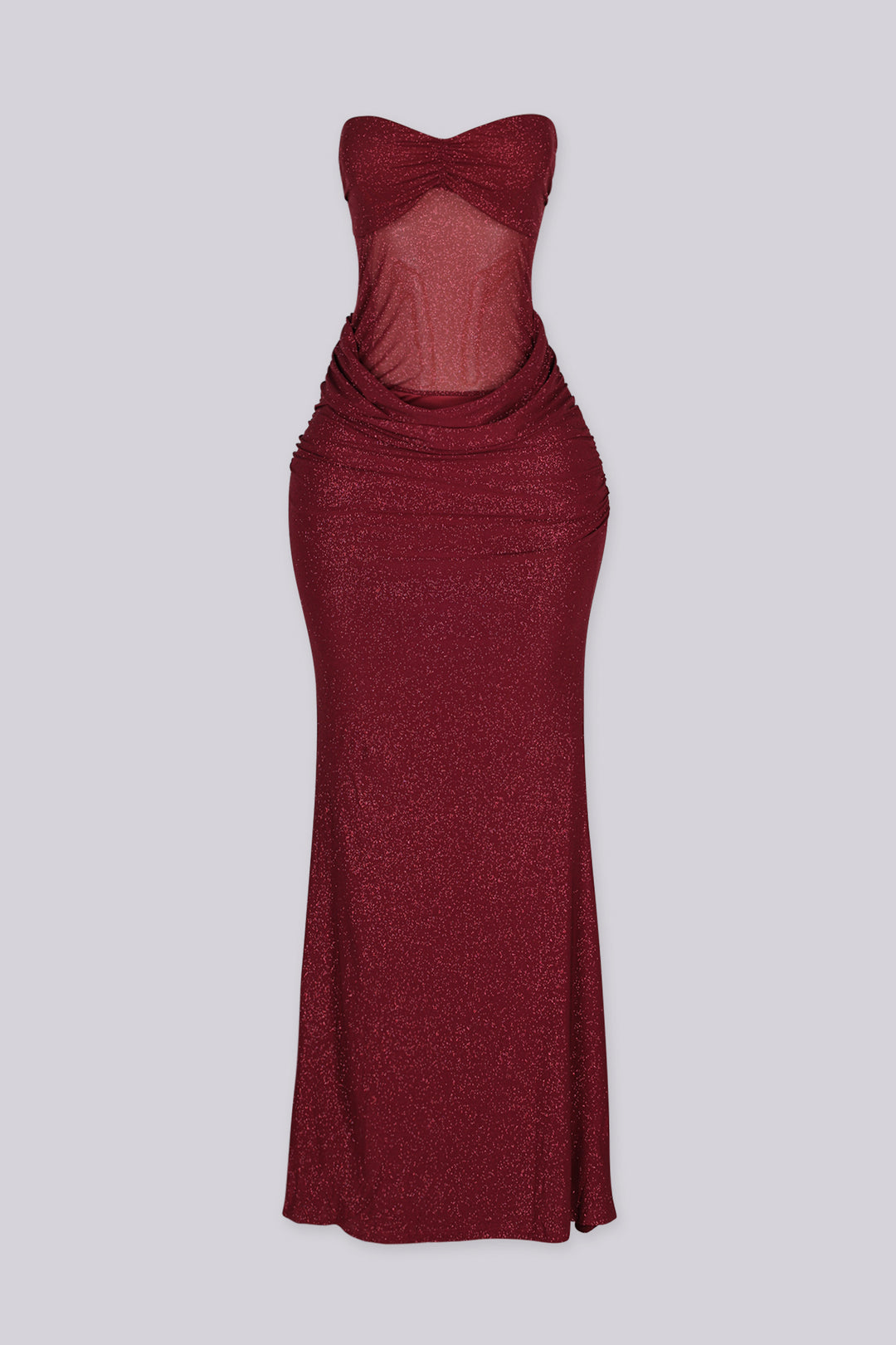Fitted tube top maxi dress with ruched sweetheart neckline featuring shimmer glitter throughout