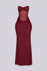 Fitted tube top maxi dress with ruched sweetheart neckline featuring shimmer glitter throughout