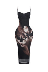 EDGE — black and mocha floral mesh bustier midi dress, front view flat lay