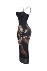 EDGE — black and mocha floral mesh bustier midi dress, side view flat lay