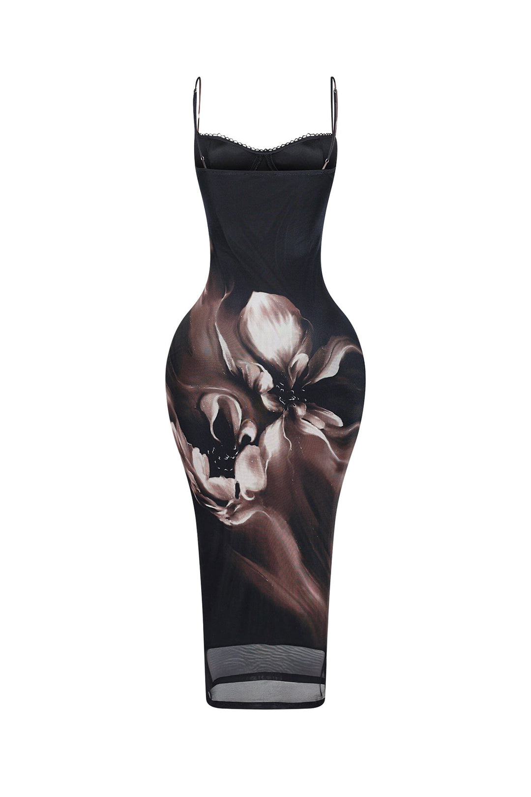 EDGE — black and mocha floral mesh bustier midi dress, front view flat lay close-up