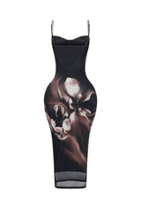 EDGE — black and mocha floral mesh bustier midi dress, front view flat lay close-up