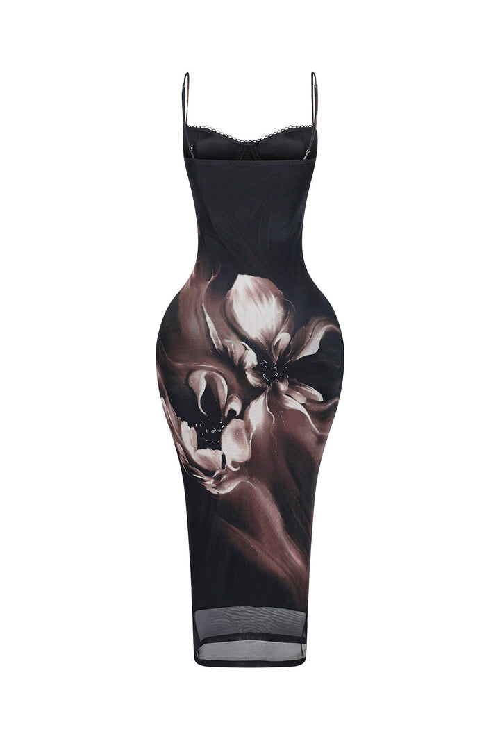EDGE — black and mocha floral mesh bustier midi dress, front view flat lay close-up