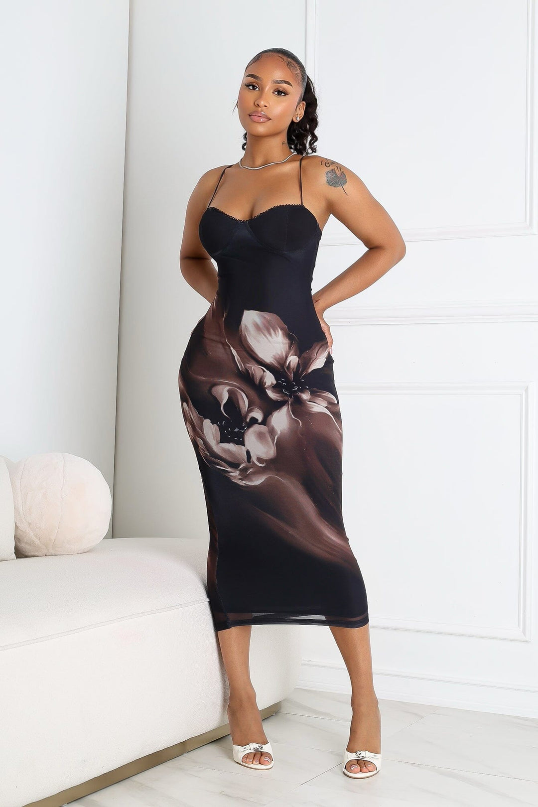 EDGE — black and mocha floral mesh bustier midi dress, front view on model