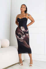 EDGE — black and mocha floral mesh bustier midi dress, front view on model