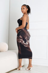 EDGE — black and mocha floral mesh bustier midi dress, back view on model