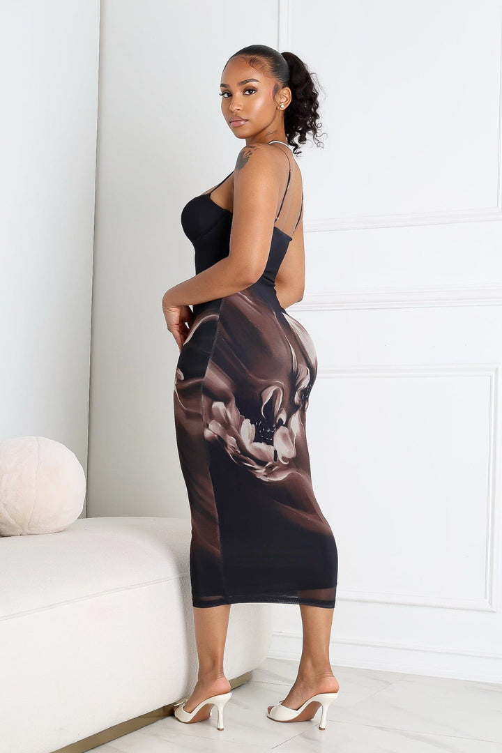 EDGE — black and mocha floral mesh bustier midi dress, back view on model