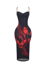 EDGE — black and red floral mesh bustier midi dress, front view flat lay
