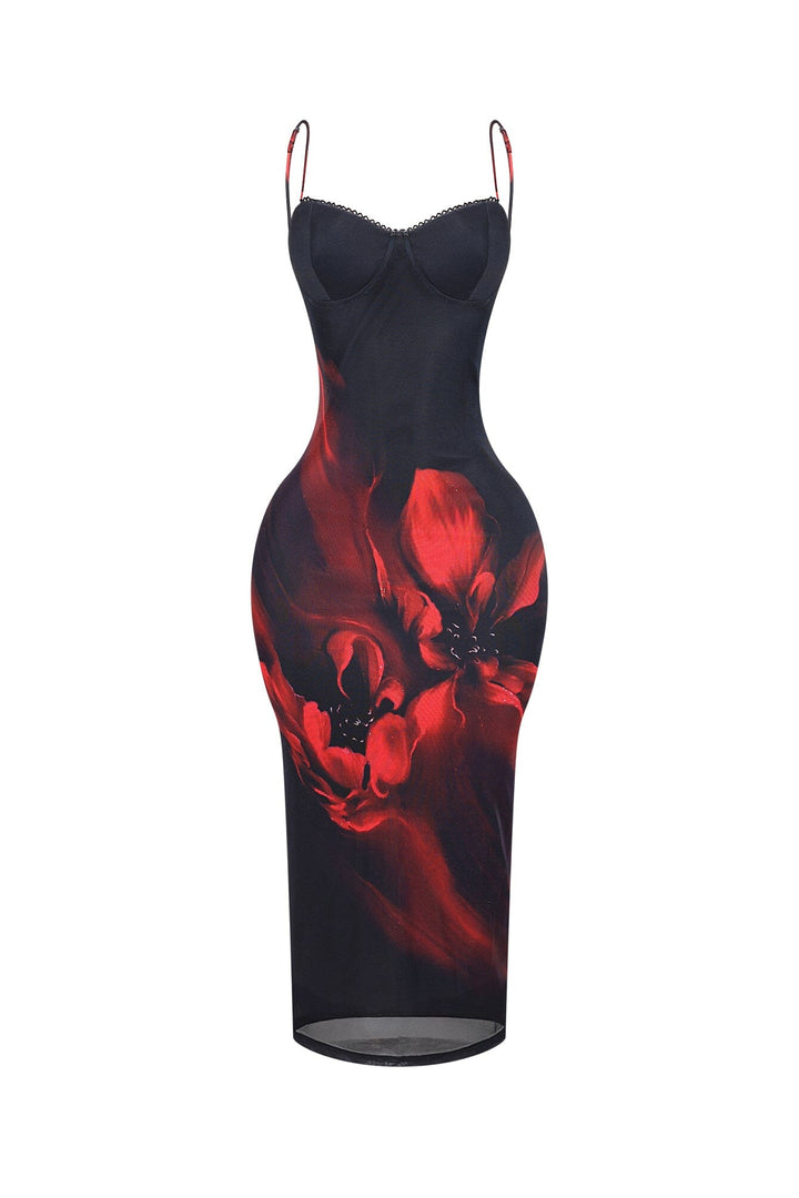 EDGE — black and red floral mesh bustier midi dress, front view flat lay