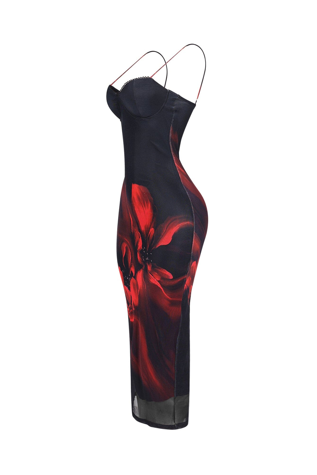 EDGE — black and red floral mesh bustier midi dress, side view flat lay