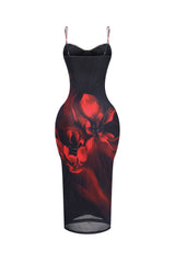 EDGE — black and red floral mesh bustier midi dress, front view flat lay close-up