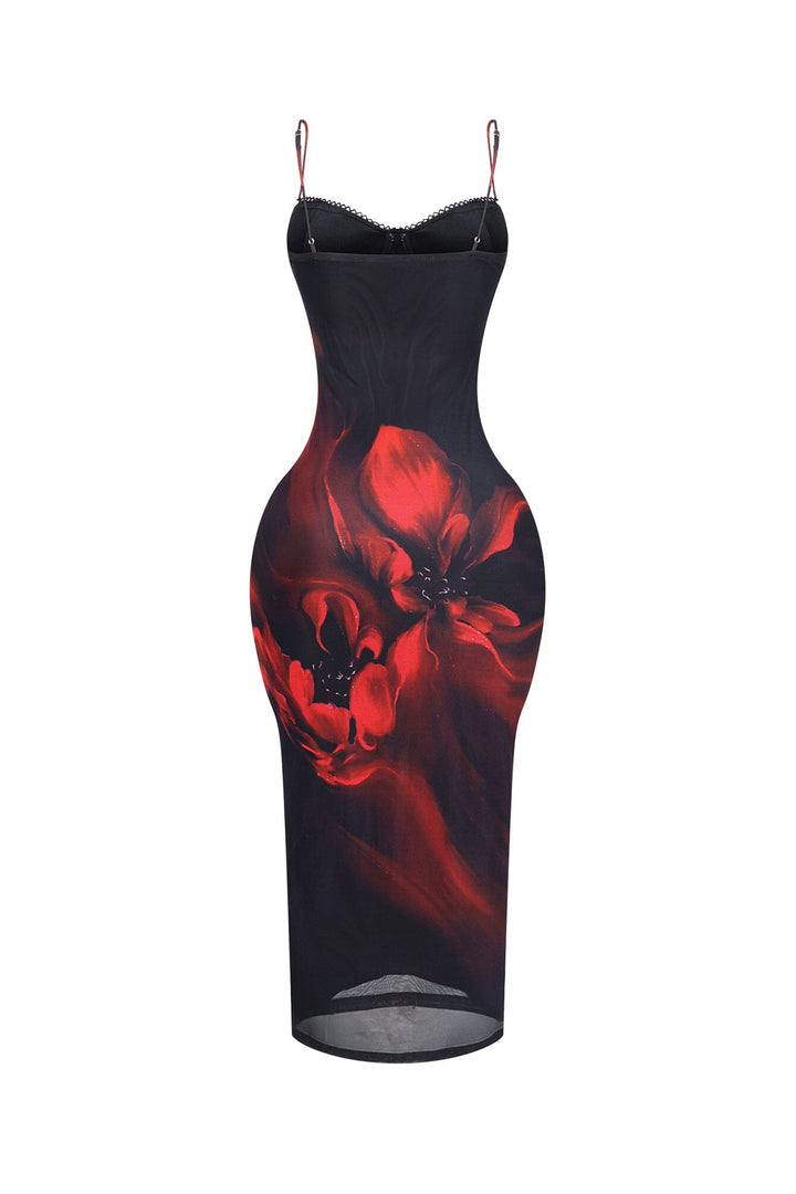 EDGE — black and red floral mesh bustier midi dress, front view flat lay close-up