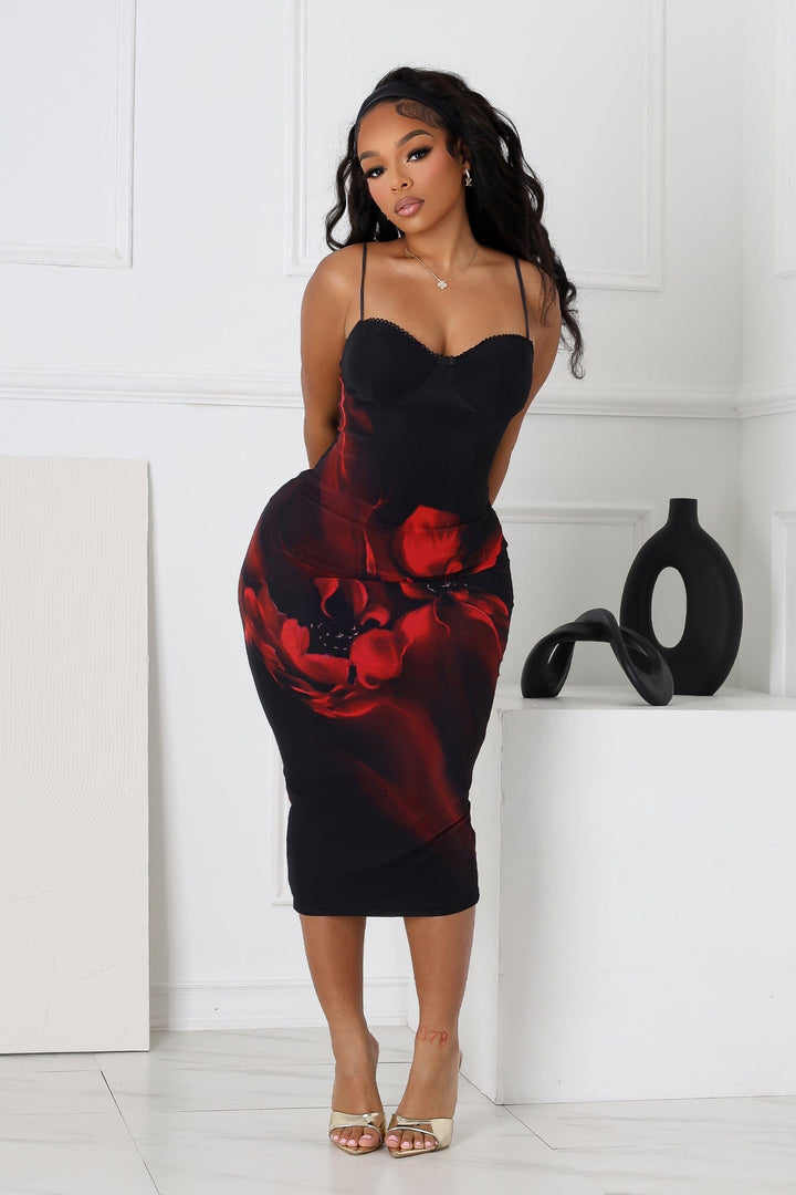 EDGE — black and red floral mesh bustier midi dress, front view on model