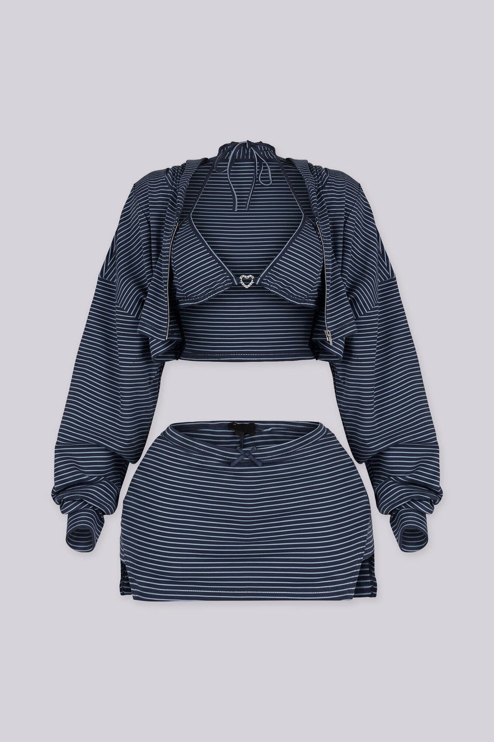 Ribbed striped bolero hoodie with long sleeves and a front zip fastening