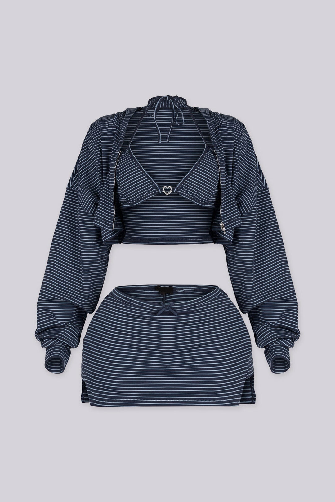 Ribbed striped bolero hoodie with long sleeves and a front zip fastening