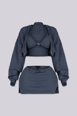 Ribbed striped bolero hoodie with long sleeves and a front zip fastening