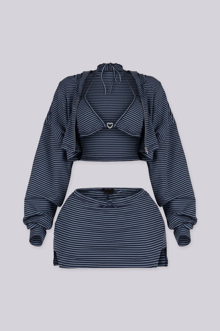 Ribbed striped bolero hoodie with long sleeves and a front zip fastening