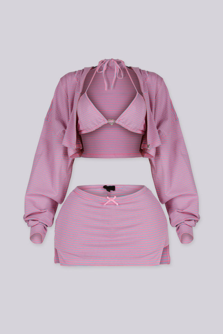 Ribbed striped bolero hoodie with long sleeves and a front zip fastening