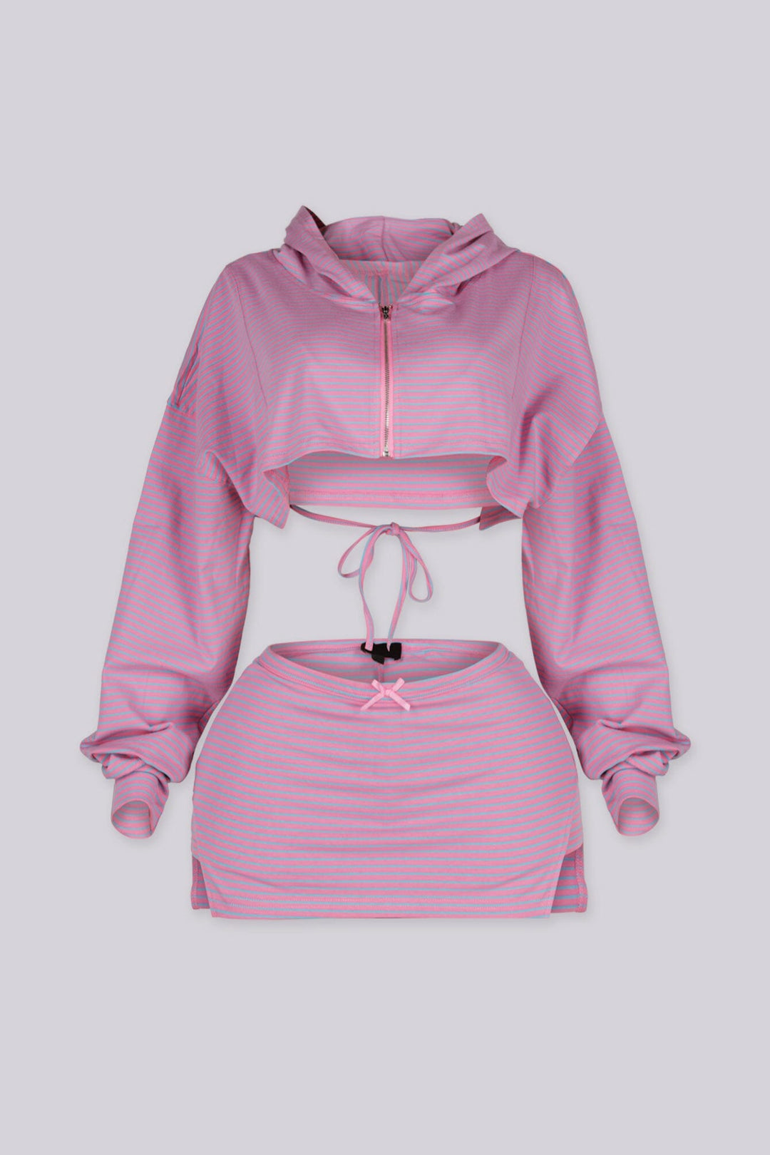 Ribbed striped bolero hoodie with long sleeves and a front zip fastening