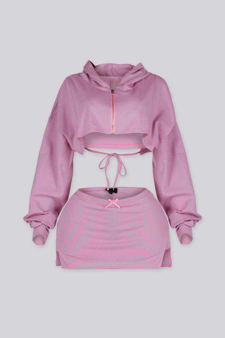 Ribbed striped bolero hoodie with long sleeves and a front zip fastening
