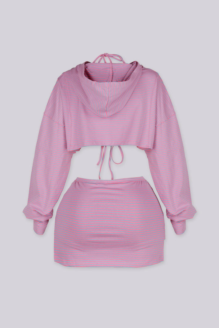 Ribbed striped bolero hoodie with long sleeves and a front zip fastening