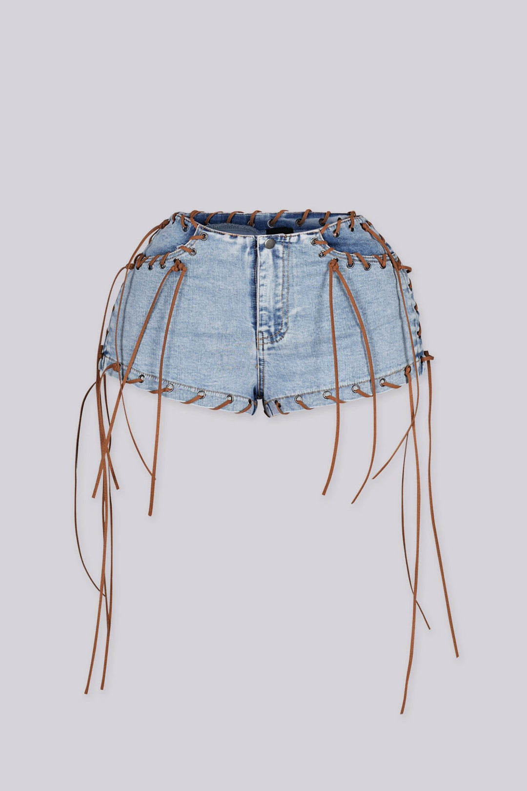 Light wash lace up denim shorts
Side to side metal eyelets with brown suede lace up detailing