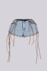 Light wash lace up denim shorts
Side to side metal eyelets with brown suede lace up detailing
