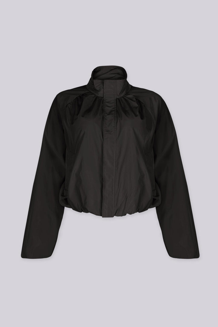 Lightweight cropped bomber jacket with stand collar and gathered shoulder detail