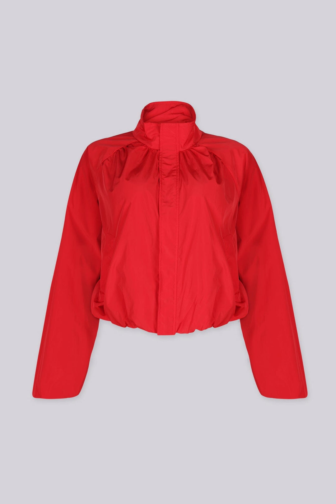 Lightweight cropped bomber jacket with stand collar and gathered shoulder detail