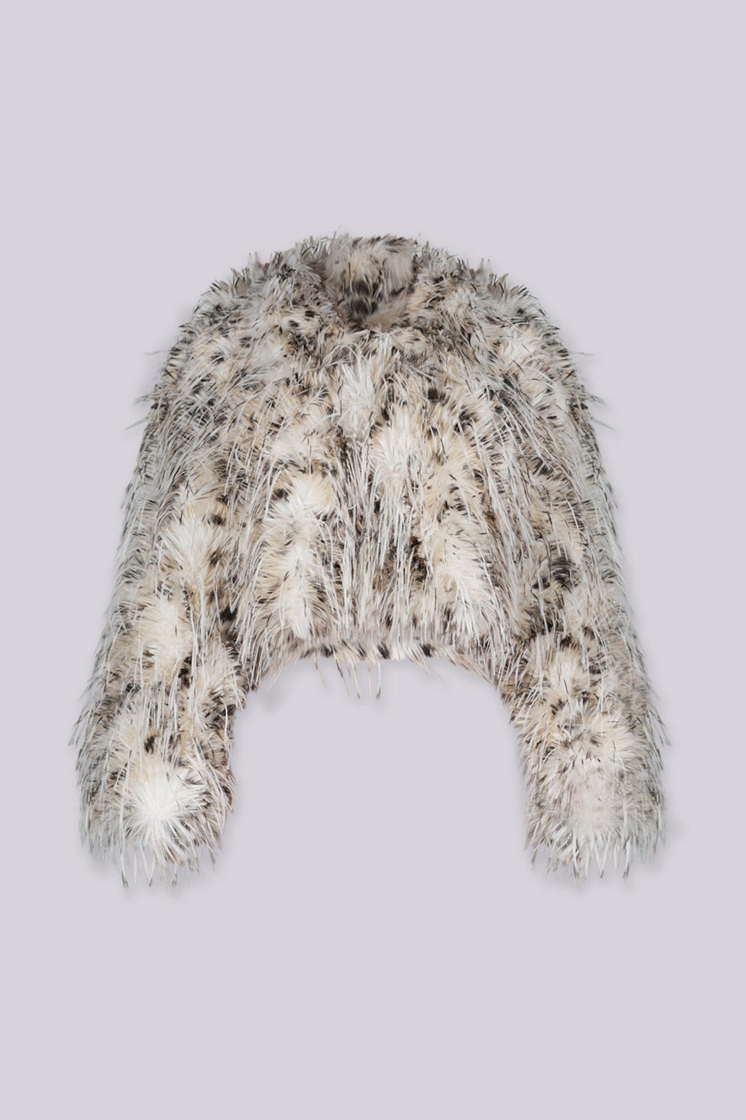 Lightweight cropped faux fur collared jacket with a plush animal print texture throughout featuring full voluminous fur silhouette