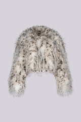 Lightweight cropped faux fur collared jacket with a plush animal print texture throughout featuring full voluminous fur silhouette