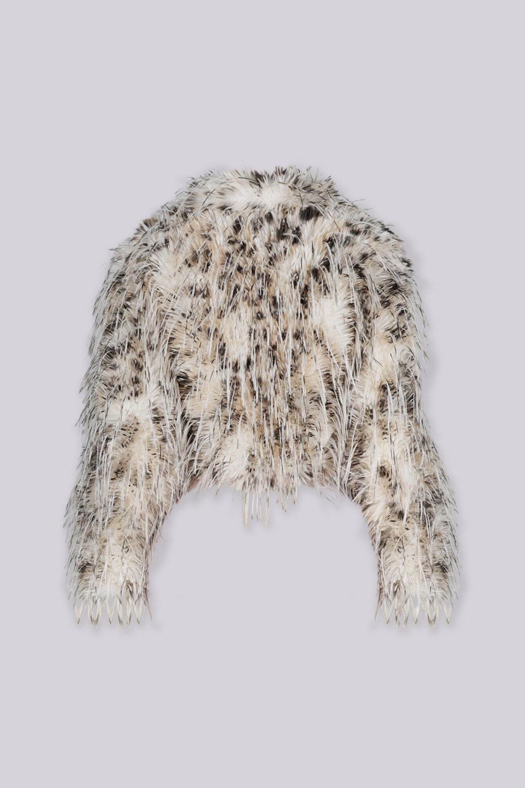 Lightweight cropped faux fur collared jacket with a plush animal print texture throughout featuring full voluminous fur silhouette