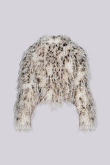 Lightweight cropped faux fur collared jacket with a plush animal print texture throughout featuring full voluminous fur silhouette