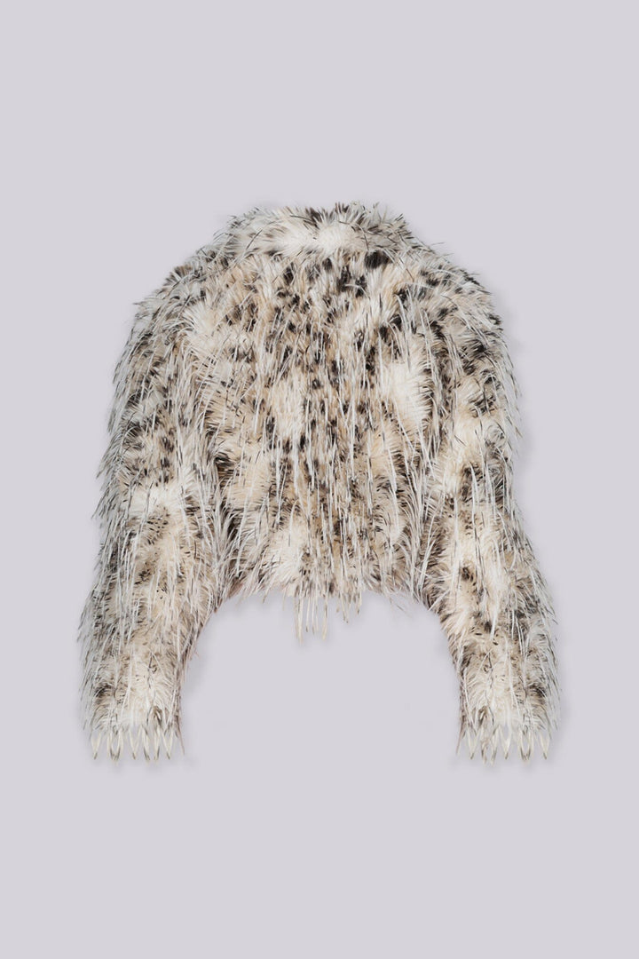 Lightweight cropped faux fur collared jacket with a plush animal print texture throughout featuring full voluminous fur silhouette