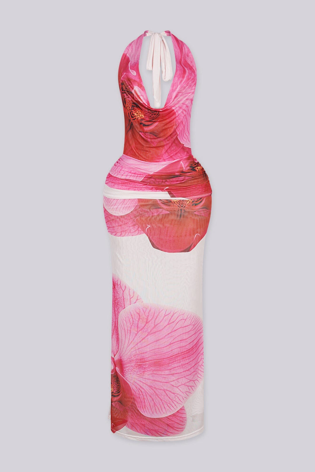 Halter maxi dress featuring plunging draped cowl neckline
Statement open back featuring a large circular O-ring detail