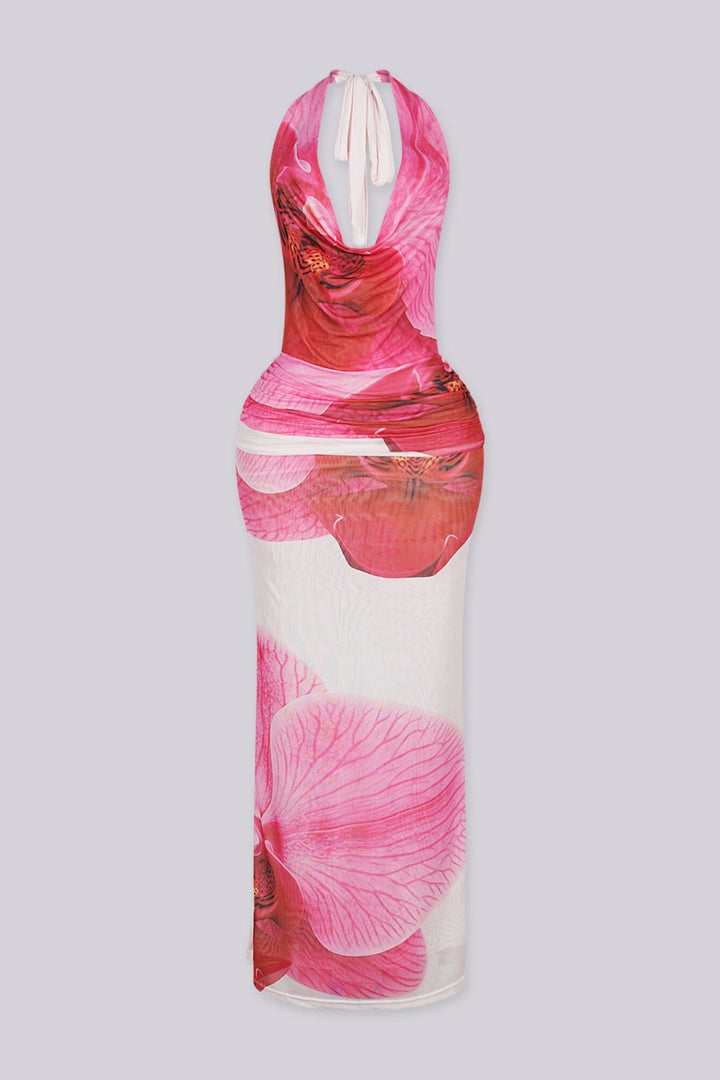 Halter maxi dress featuring plunging draped cowl neckline
Statement open back featuring a large circular O-ring detail