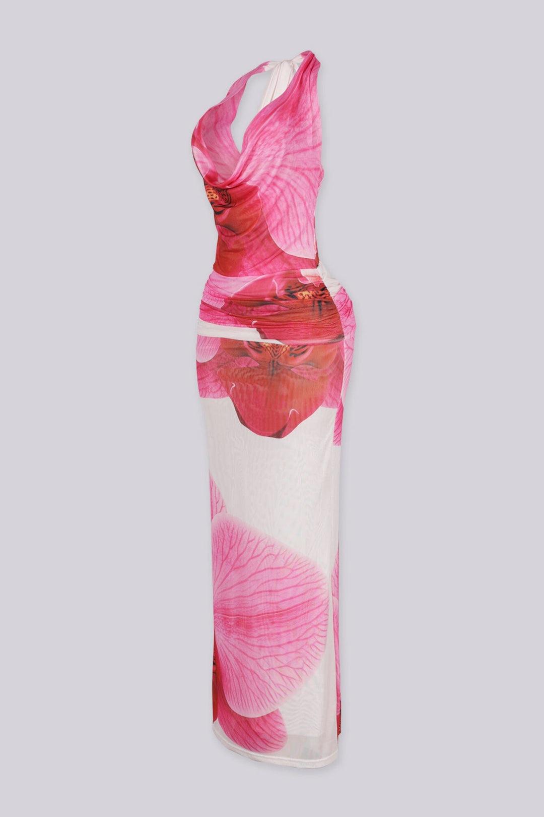 Halter maxi dress featuring plunging draped cowl neckline
Statement open back featuring a large circular O-ring detail