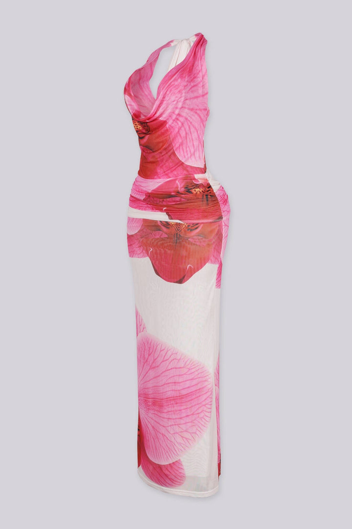 Halter maxi dress featuring plunging draped cowl neckline
Statement open back featuring a large circular O-ring detail