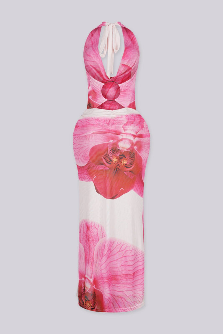 Halter maxi dress featuring plunging draped cowl neckline
Statement open back featuring a large circular O-ring detail