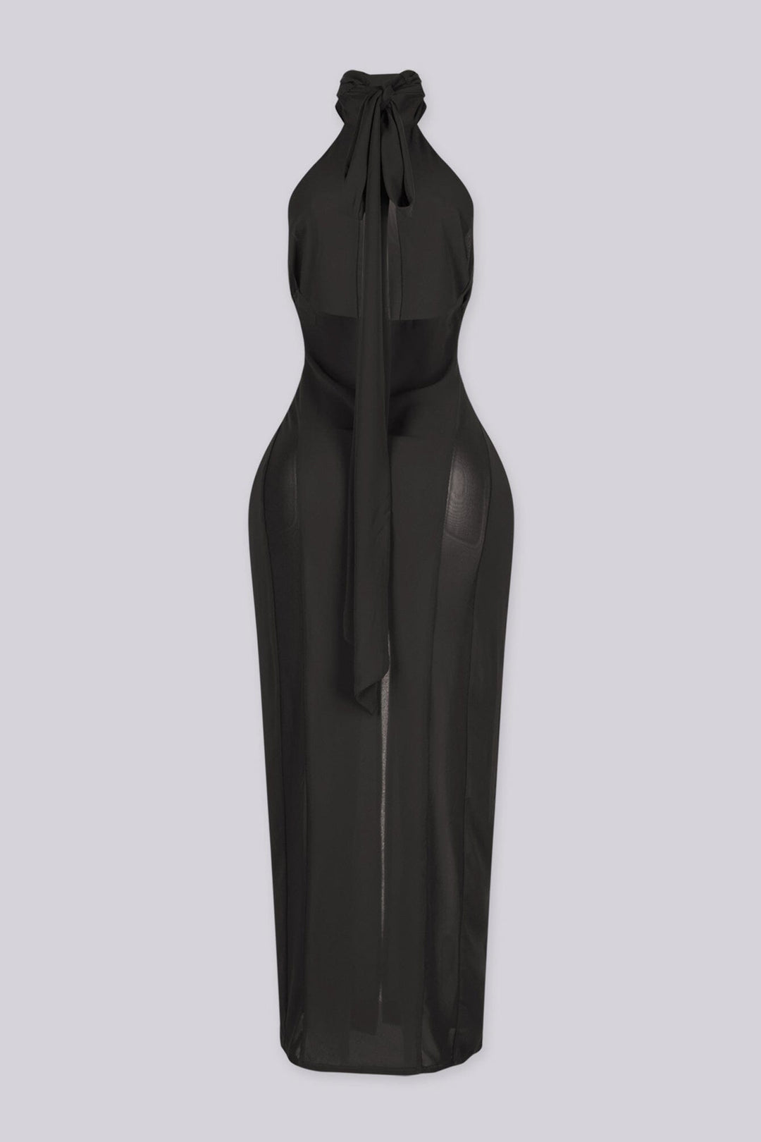 Sheer mock neck midi dress with mesh teardrop cutout in front bodice, back view