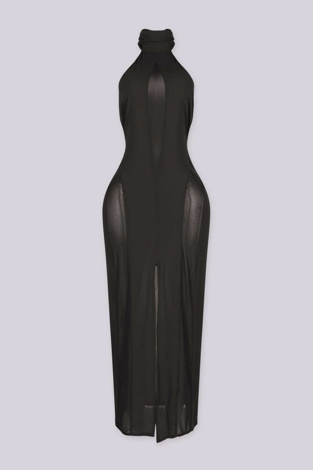 Sheer mock neck midi dress with mesh teardrop cutout in front bodice, front view