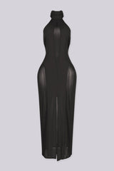 Sheer mock neck midi dress with mesh teardrop cutout in front bodice, front view