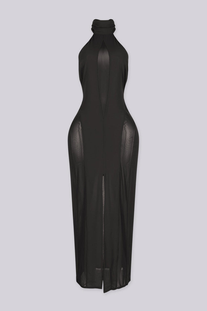 Sheer mock neck midi dress with mesh teardrop cutout in front bodice, front view