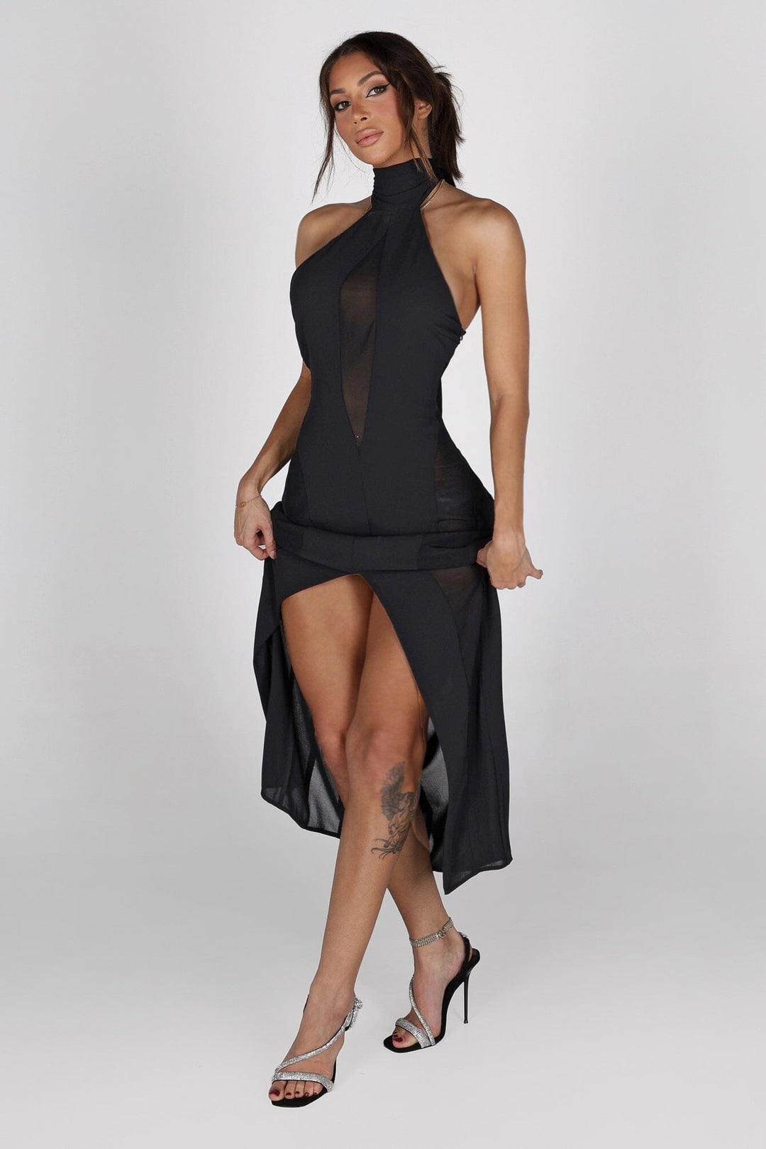 Sheer mock neck midi dress with mesh teardrop cutout in front bodice