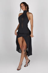 Sheer mock neck midi dress with mesh teardrop cutout in front bodice