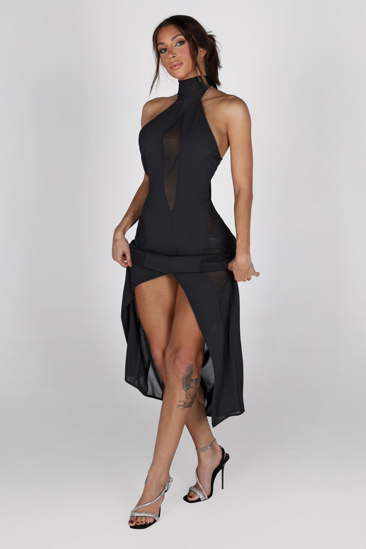 Sheer mock neck midi dress with mesh teardrop cutout in front bodice