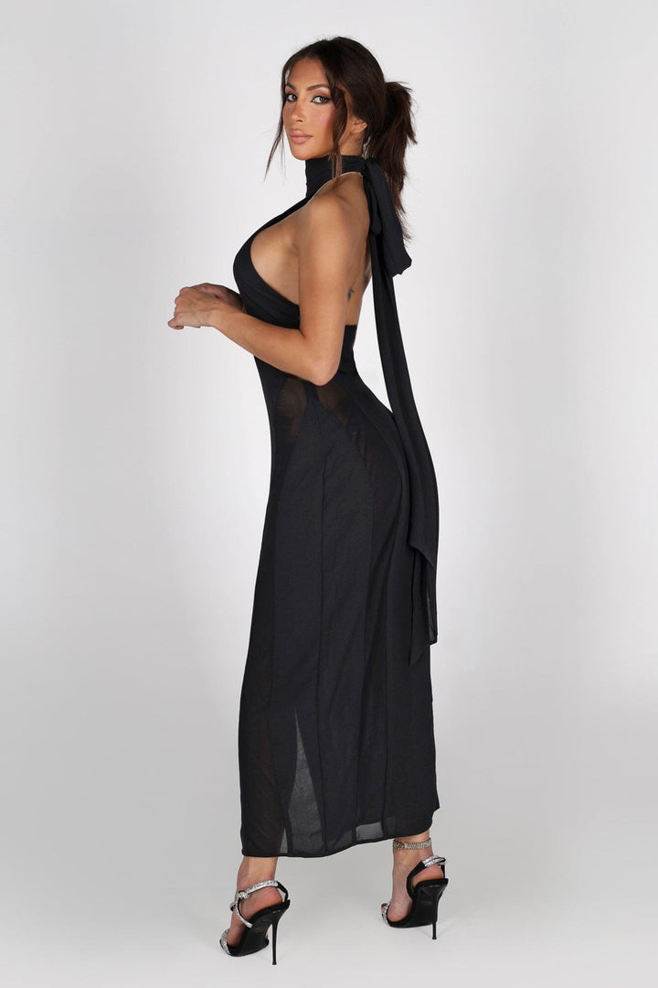 Sheer mock neck midi dress with mesh teardrop cutout in front bodice